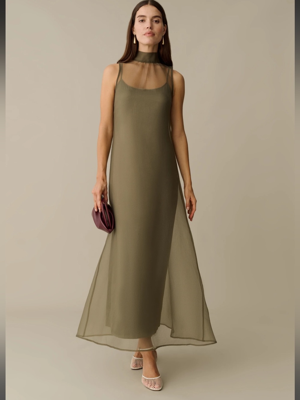 NWT CAARA Alette Organza Elegant Moss Grey Olive Dress S